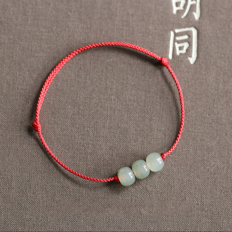 Handmade Cord Natural Hetian Jade Old Style Bead Bracelet for Women, Single Loop