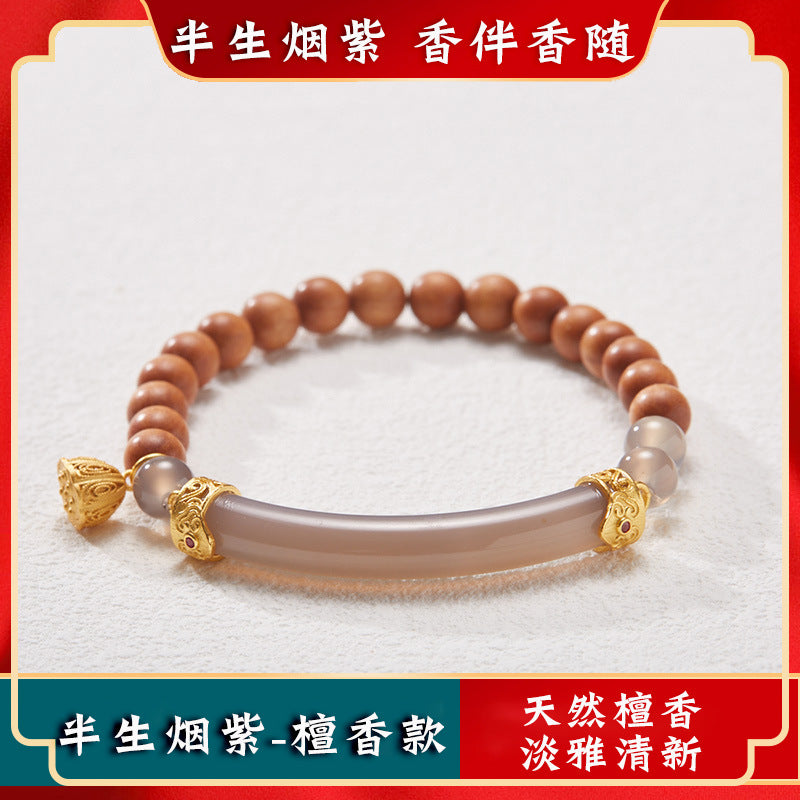 Half-Life Smoky Purple Bracelet: New Chinese-Style Beaded Natural Agarwood Bracelet, Ethnic Vintage Bangle, Dual-Tone, Single-Strand
