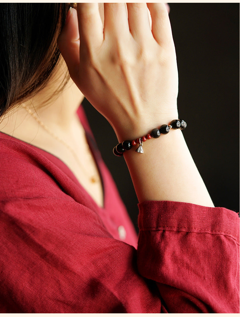 Natural Obsidian Buddha Bead Lotus Pod Bracelet