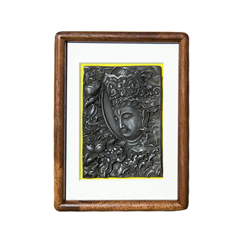 Manjushri Bodhisattva Cast-Iron Relief in Solid Wood Frame: Decorative Wall Art and Desktop Accent for Interior Design