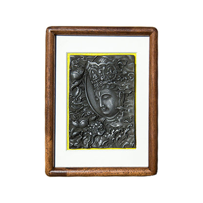 Manjushri Bodhisattva Cast-Iron Relief in Solid Wood Frame: Decorative Wall Art and Desktop Accent for Interior Design