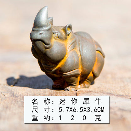 Innovative Rust Mini Rhino Animal Desktop Ornament Made of Faux Cast Iron