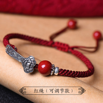 Cinnabar Bead Bracelet with Silver Ruyi and Red Cord