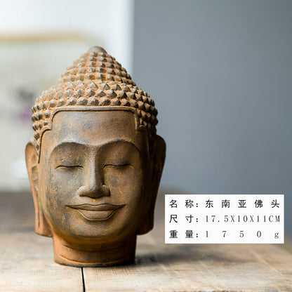 Southeast Asian Buddha Head Desktop Ornament in a Creative Zen Style: Handcrafted Iron Art Decoration for Tabletop Display Made of Faux Cast Iron