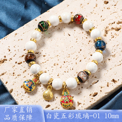 Macaron Gray and Pink Porcelain Beads with Loop Design and Lucky Charm Beads Bracelet, Beijing Ash-Glazed Porcelain Gold Foil Glass Bracelet