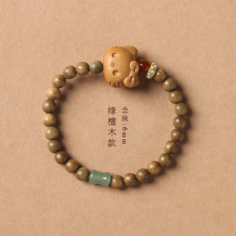 Natural Green Sandalwood Bracelet for Women with Sandalwood Carved Kitty Fortune-Attracting Prayer Beads