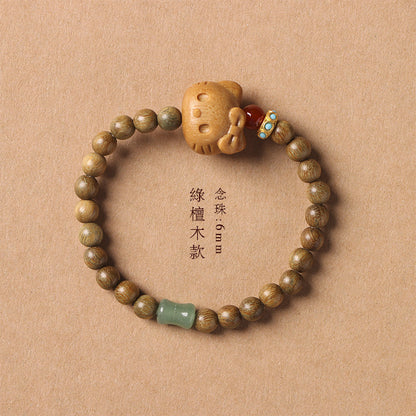 Natural Green Sandalwood Bracelet for Women with Sandalwood Carved Kitty Fortune-Attracting Prayer Beads
