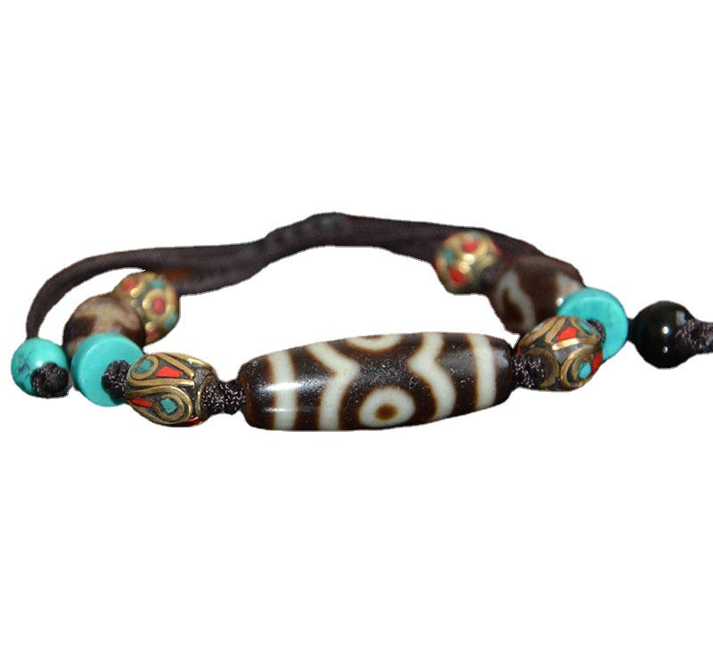 Tibetan Weathered Three-Eyed Dzi Bead Bracelet
