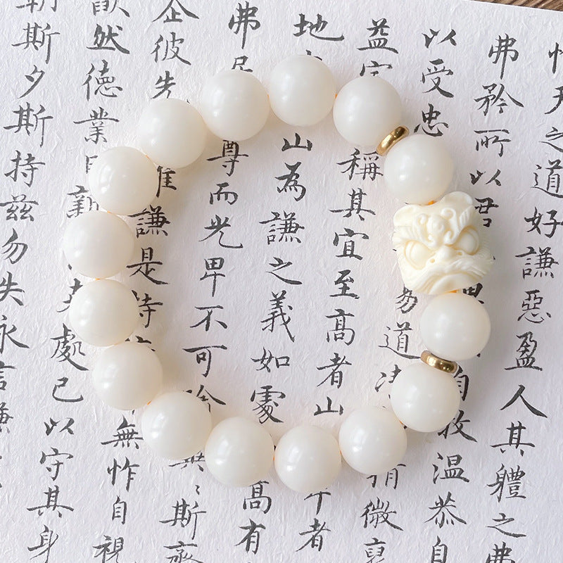 Ivory Nut and Guardian Lion Charm Bracelet with Natural White Jade Bodhi Beads