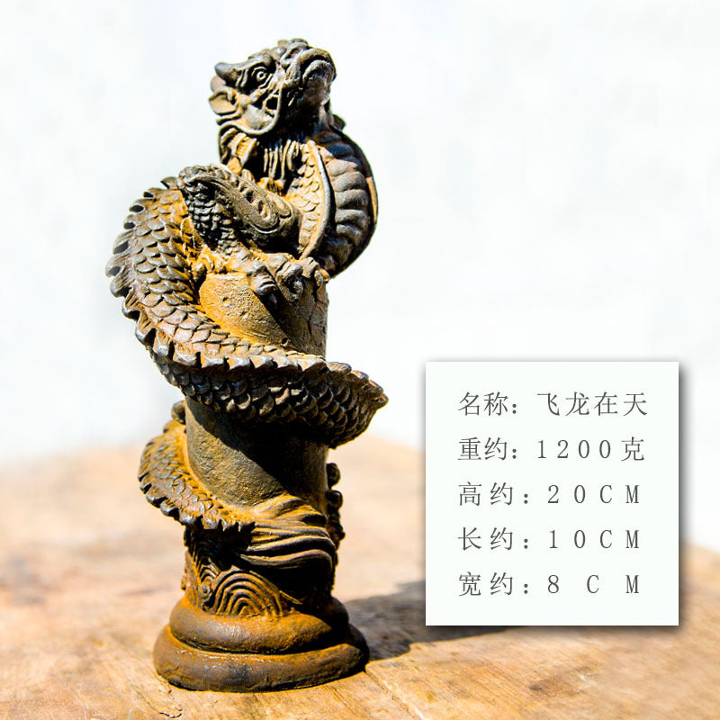 Chinese Zen-Inspired Creative Cast-Iron Style Ornament: "Soaring Dragon in the Sky" Relief Sculpture, Pillar-Wrapped Desktop Decoration, Home Tea Pet Craft Decoration