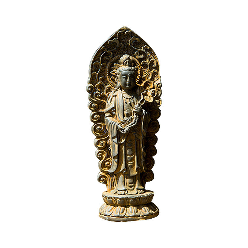 Chinese Rust-Style Cast-Iron Imitation Western Three Holy Beings Statues: Amitabha Buddha, Guanyin Bodhisattva, and Mahasthamaprapta Bodhisattva Standing Figurines Ornaments