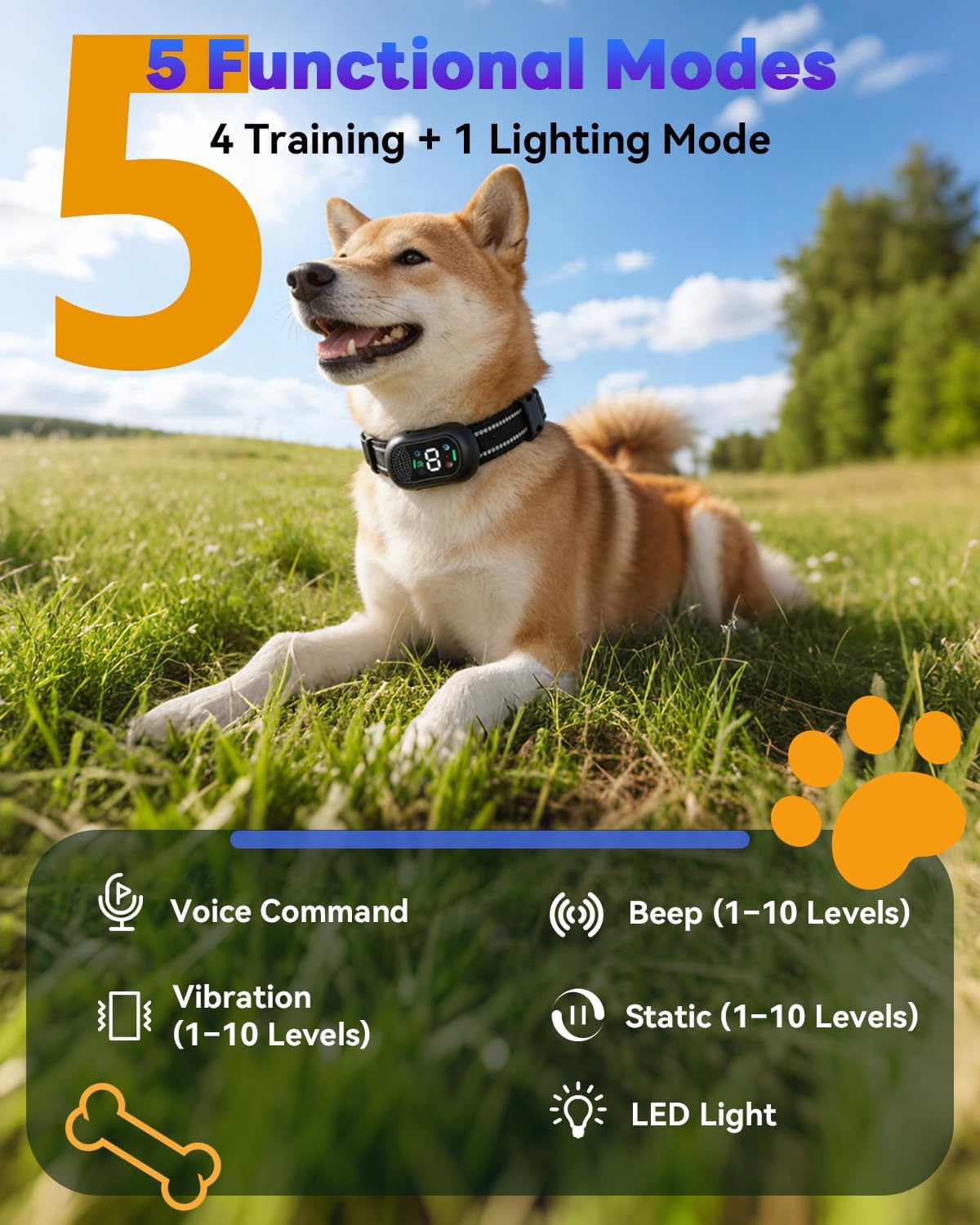 5 functional modes voice beep vibration static LED light