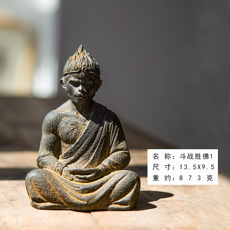 Neo-Chinese warrior Buddha Sun Wukong Monkey desktop iron ornament, home accent, and nourishing tea pet with a Zen-inspired design