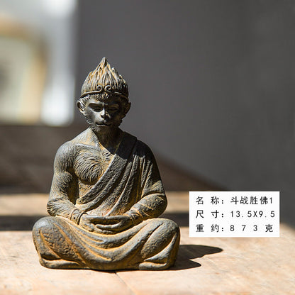 Neo-Chinese warrior Buddha Sun Wukong Monkey desktop iron ornament, home accent, and nourishing tea pet with a Zen-inspired design