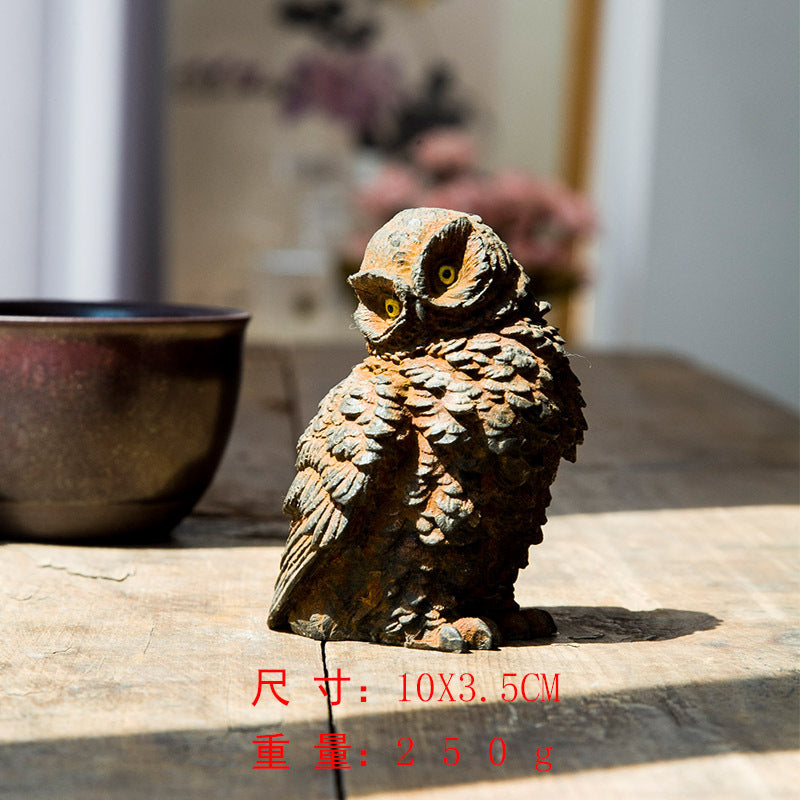 Original Rustic Patina Cast-Iron Style Mini Owl Ornament for Living Room Tabletop and Study Decor, Handcrafted Tea Pet