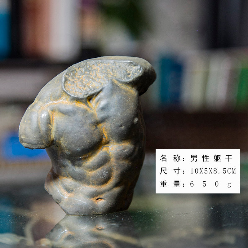 Handcrafted European-Style Desktop Art Figurine of an Ancient Greek Male Torso that resembles a cast iron sculpture