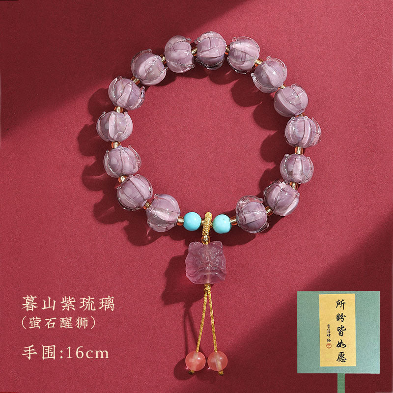 Buddhist Bead Bracelet with Lotus and Guardian Lion in Ice-Clear White Glass · Hangzhou Temple Twilight Mountain Purple Scented Gray Glass Bracelet