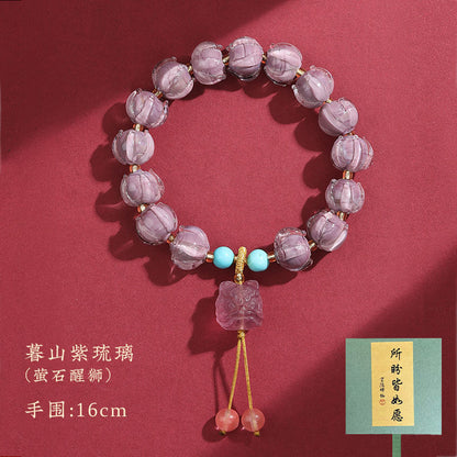 Buddhist Bead Bracelet with Lotus and Guardian Lion in Ice-Clear White Glass · Hangzhou Temple Twilight Mountain Purple Scented Gray Glass Bracelet