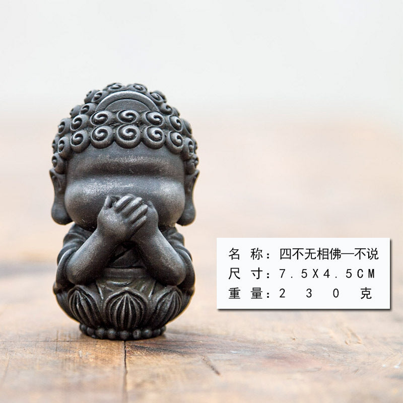 New Chinese-Style National-Inspired Four-No-Face Zen Buddha Ornament, Handcrafted Cast Iron Imitation Decor for Study Room and Home, Tea Pet