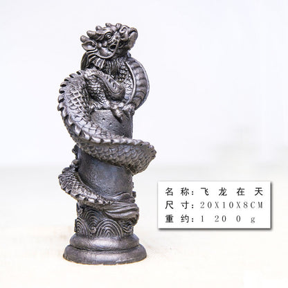 Chinese Zen-Inspired Creative Cast-Iron Style Ornament: "Soaring Dragon in the Sky" Relief Sculpture, Pillar-Wrapped Desktop Decoration, Home Tea Pet Craft Decoration