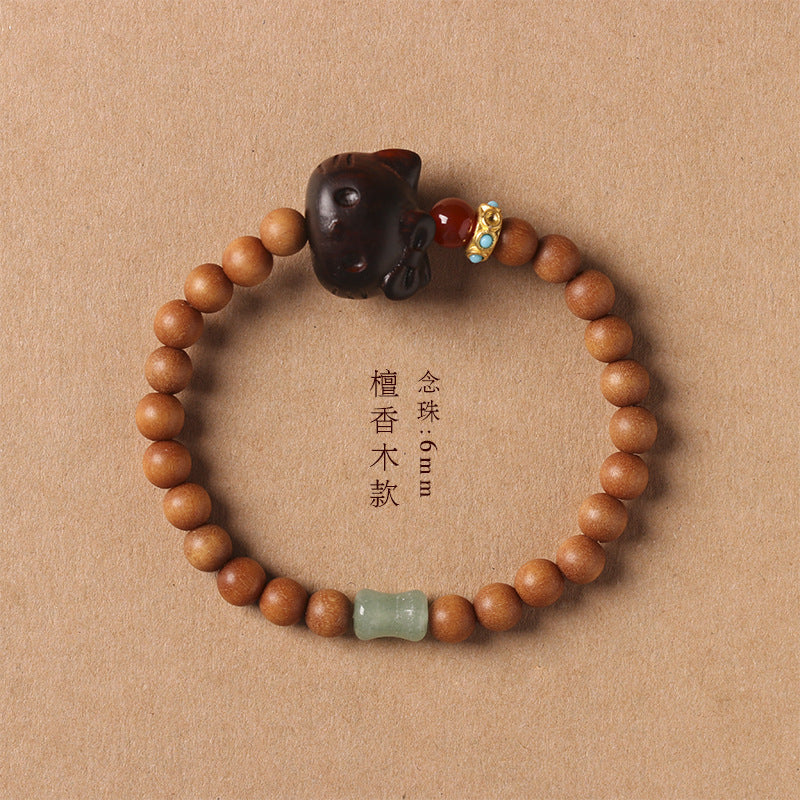 Natural Green Sandalwood Bracelet for Women with Sandalwood Carved Kitty Fortune-Attracting Prayer Beads