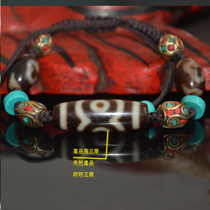 Tibetan Weathered Three-Eyed Dzi Bead Bracelet