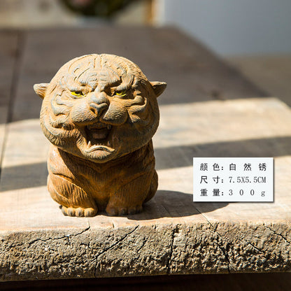 Adorable Mini Tiger Figurine Made of Creative Faux Cast Iron "Calling Mom Tiger," Tea Pet Ornament, Handmade Solid Sculpture