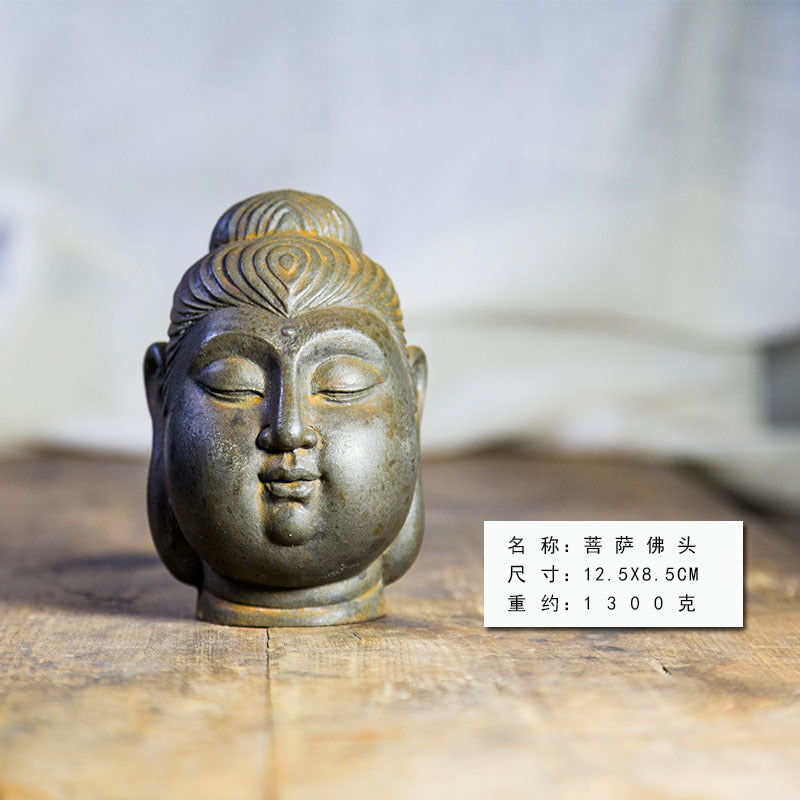 Chinese Zen-Inspired Creative Bodhisattva Buddha Head Ornament, Handcrafted Resin and Cast-Iron Style Home Decor for Study and Desk Display