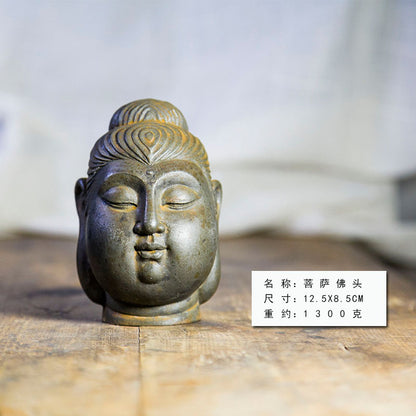 Chinese Zen-Inspired Creative Bodhisattva Buddha Head Ornament, Handcrafted Resin and Cast-Iron Style Home Decor for Study and Desk Display