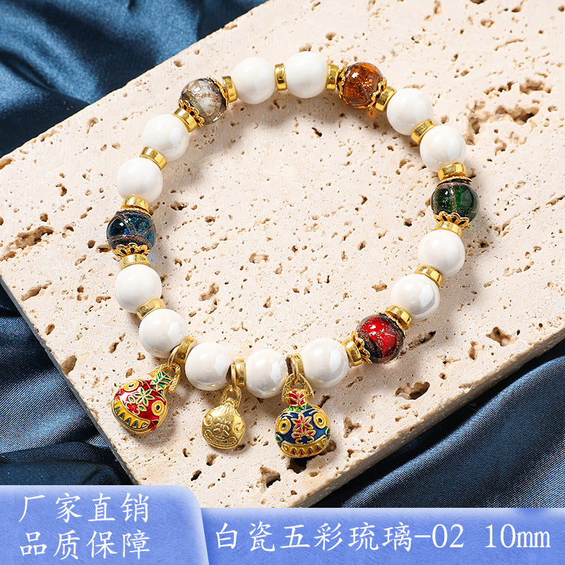 Macaron Gray and Pink Porcelain Beads with Loop Design and Lucky Charm Beads Bracelet, Beijing Ash-Glazed Porcelain Gold Foil Glass Bracelet