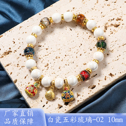 Macaron Gray and Pink Porcelain Beads with Loop Design and Lucky Charm Beads Bracelet, Beijing Ash-Glazed Porcelain Gold Foil Glass Bracelet