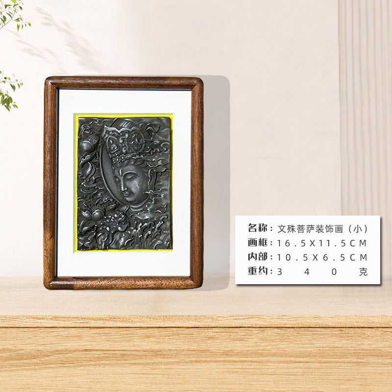 Manjushri Bodhisattva Cast-Iron Relief in Solid Wood Frame: Decorative Wall Art and Desktop Accent for Interior Design