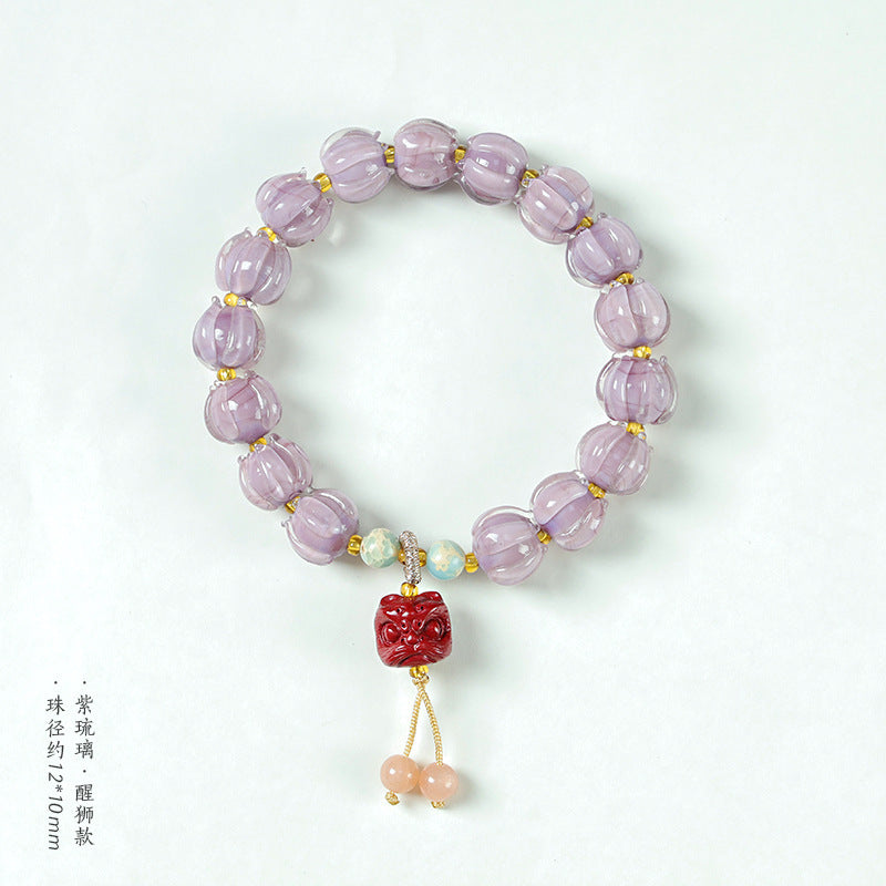 Dusky Mountain Amethyst Cinnabar Lion Awakening Glass Bead Bracelet