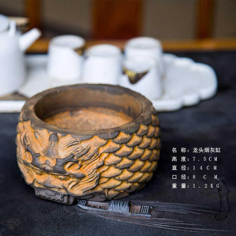 Chinese Cast-Iron Style Dragon Head Ashtray, Vintage Rustic Iron Craft with Dragon Pattern, Handcrafted Retro Ashtray with Natural Rust Finish