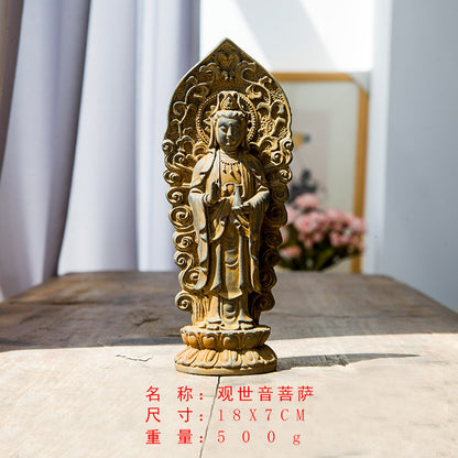 Chinese Rust-Style Cast-Iron Imitation Western Three Holy Beings Statues: Amitabha Buddha, Guanyin Bodhisattva, and Mahasthamaprapta Bodhisattva Standing Figurines Ornaments