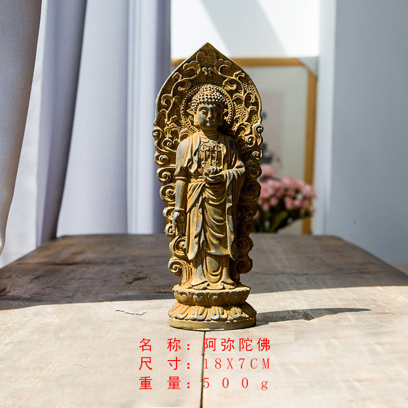 Chinese Rust-Style Cast-Iron Imitation Western Three Holy Beings Statues: Amitabha Buddha, Guanyin Bodhisattva, and Mahasthamaprapta Bodhisattva Standing Figurines Ornaments