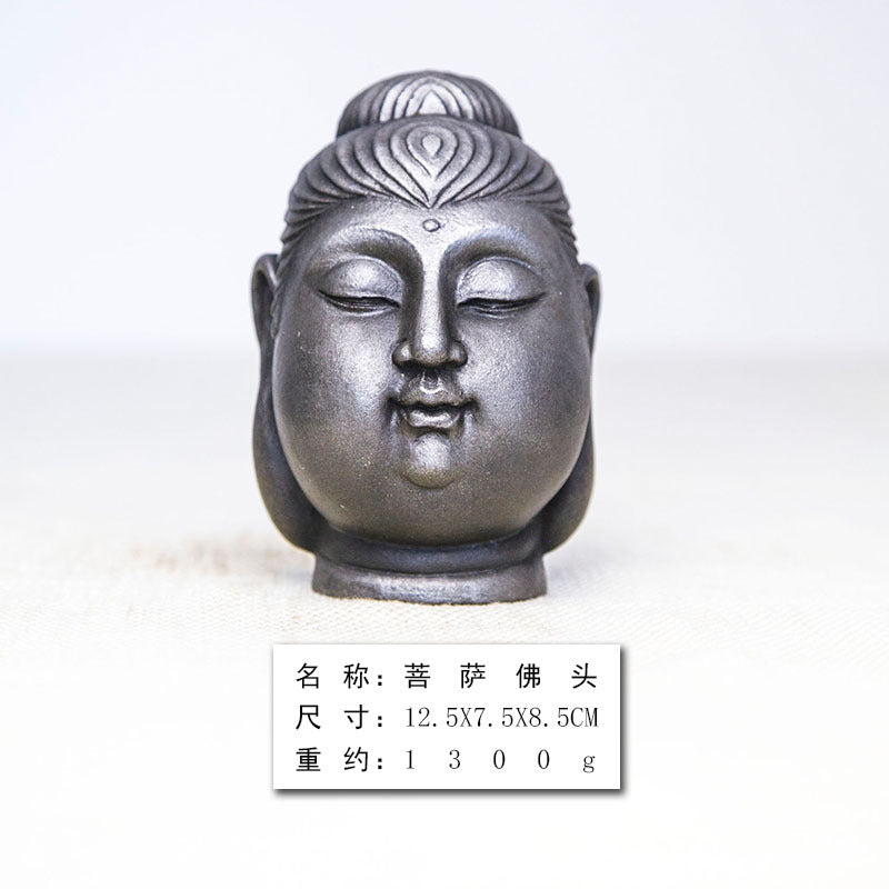 Chinese Zen-Inspired Creative Bodhisattva Buddha Head Ornament, Handcrafted Resin and Cast-Iron Style Home Decor for Study and Desk Display