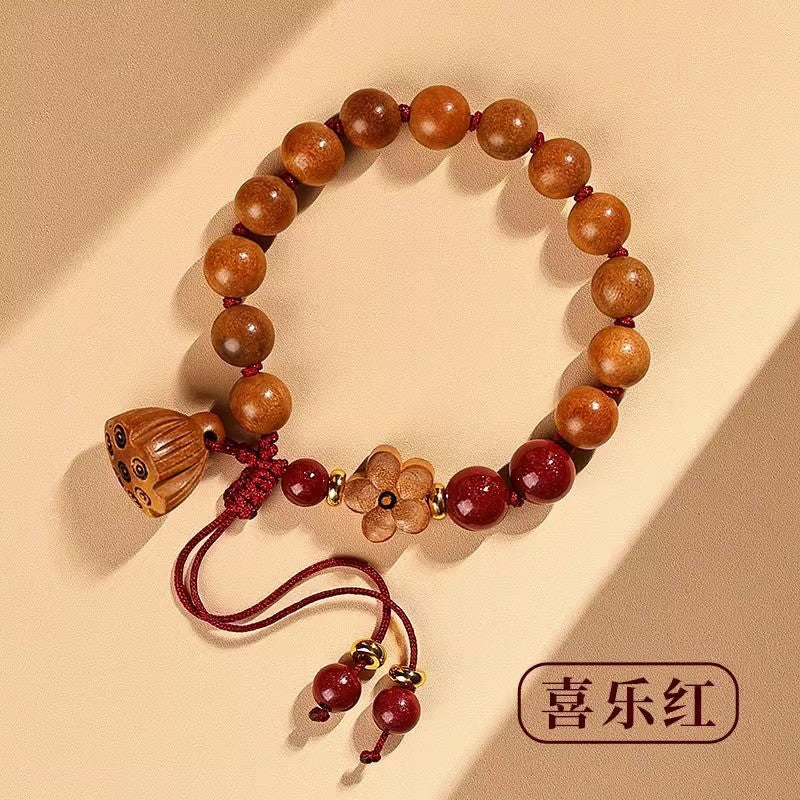 Natural Lotus Seed Pod Pendant Peach Wood Bracelet