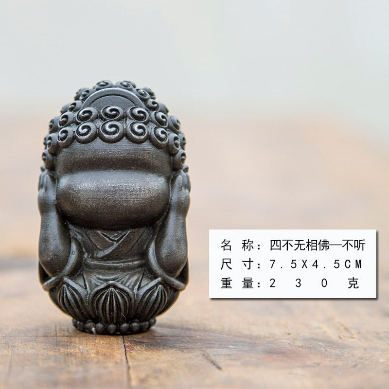 New Chinese-Style National-Inspired Four-No-Face Zen Buddha Ornament, Handcrafted Cast Iron Imitation Decor for Study Room and Home, Tea Pet
