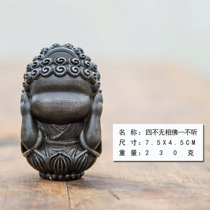 New Chinese-Style National-Inspired Four-No-Face Zen Buddha Ornament, Handcrafted Cast Iron Imitation Decor for Study Room and Home, Tea Pet
