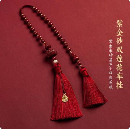 Cinnabar Car Pendant with High-End Lotus design, a Peaceful Car Hanging Ornament.