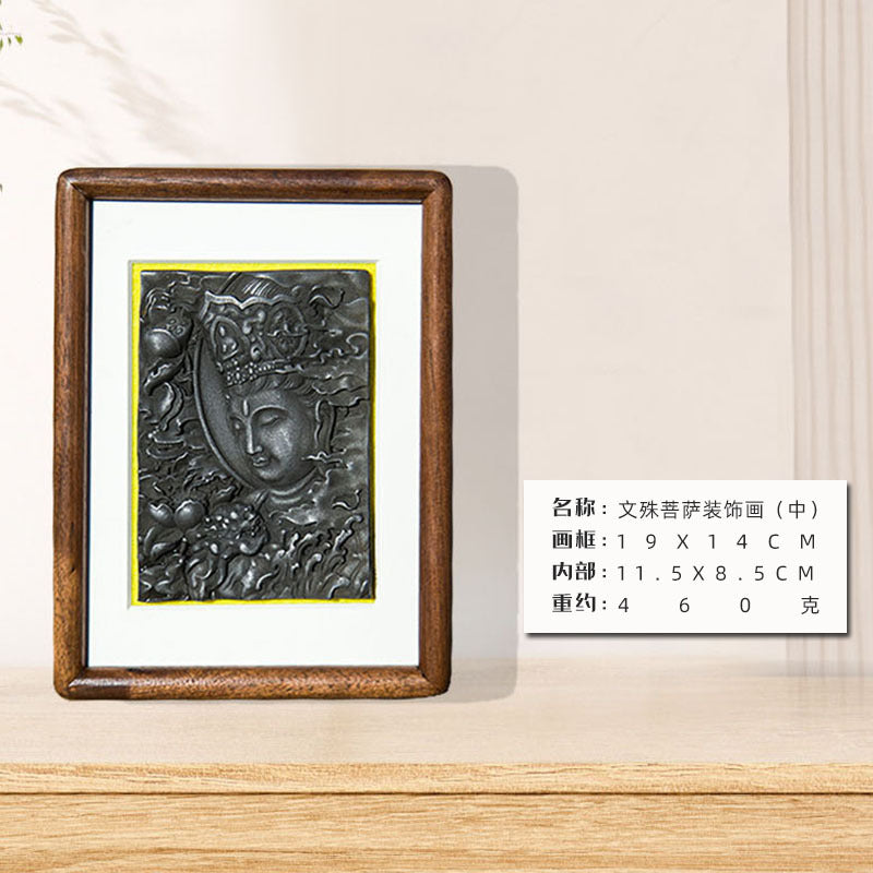 Manjushri Bodhisattva Cast-Iron Relief in Solid Wood Frame: Decorative Wall Art and Desktop Accent for Interior Design