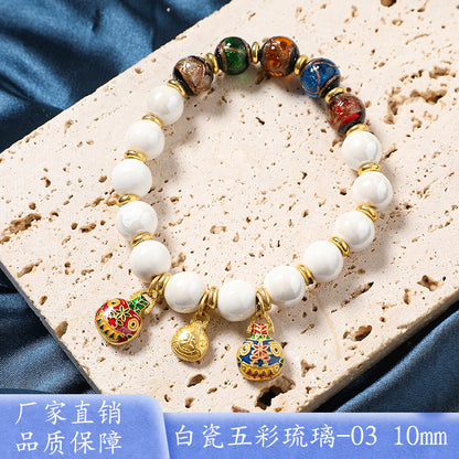 Macaron Gray and Pink Porcelain Beads with Loop Design and Lucky Charm Beads Bracelet, Beijing Ash-Glazed Porcelain Gold Foil Glass Bracelet