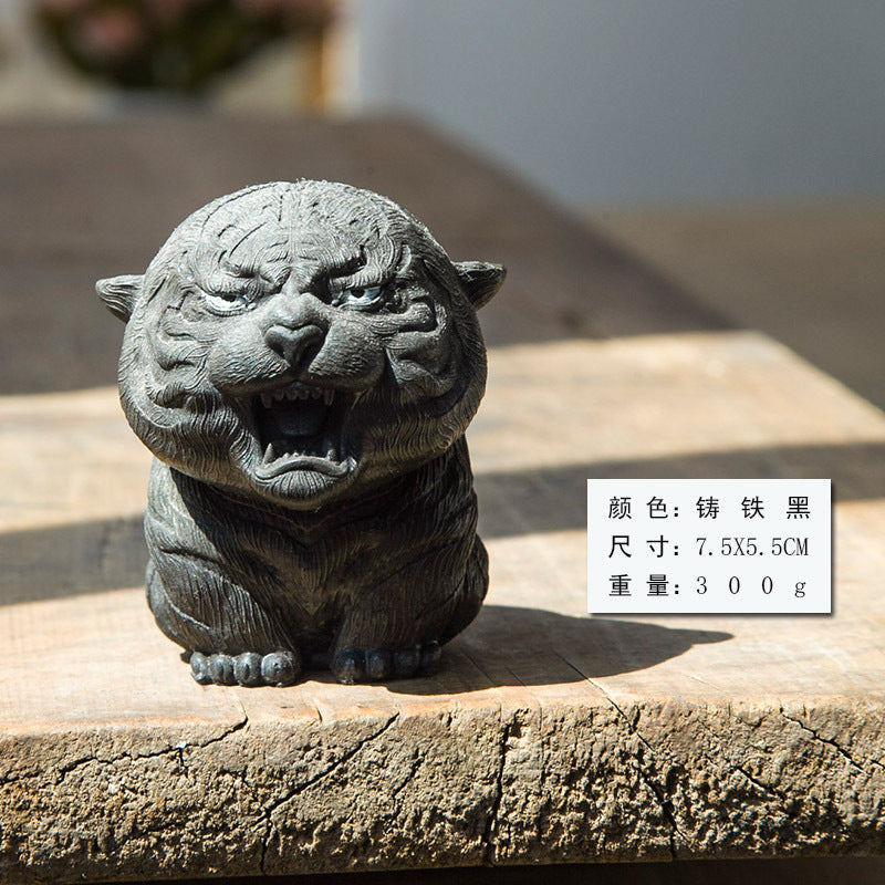 Adorable Mini Tiger Figurine Made of Creative Faux Cast Iron "Calling Mom Tiger," Tea Pet Ornament, Handmade Solid Sculpture