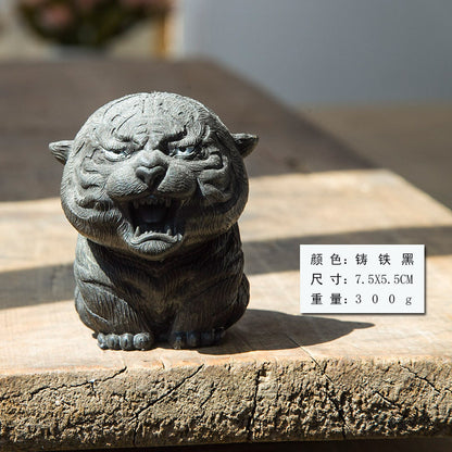 Adorable Mini Tiger Figurine Made of Creative Faux Cast Iron "Calling Mom Tiger," Tea Pet Ornament, Handmade Solid Sculpture