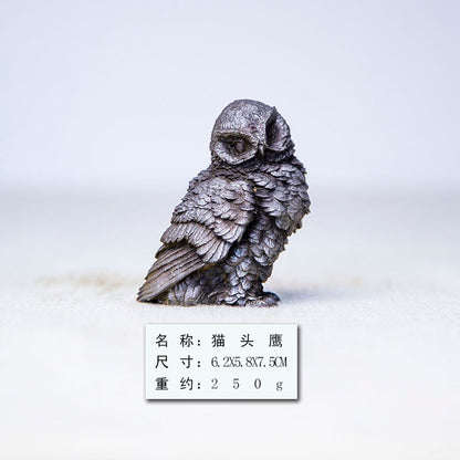 Original Rustic Patina Cast-Iron Style Mini Owl Ornament for Living Room Tabletop and Study Decor, Handcrafted Tea Pet