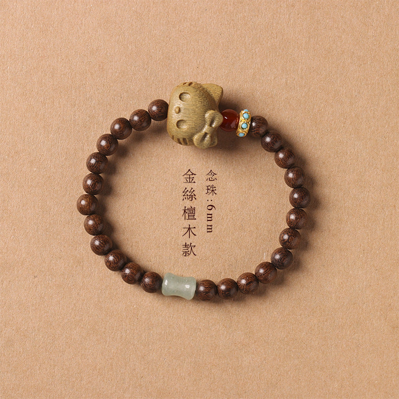 Natural Green Sandalwood Bracelet for Women with Sandalwood Carved Kitty Fortune-Attracting Prayer Beads