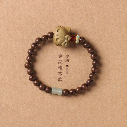 Natural Green Sandalwood Bracelet for Women with Sandalwood Carved Kitty Fortune-Attracting Prayer Beads