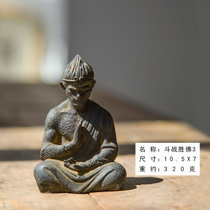 Neo-Chinese warrior Buddha Sun Wukong Monkey desktop iron ornament, home accent, and nourishing tea pet with a Zen-inspired design