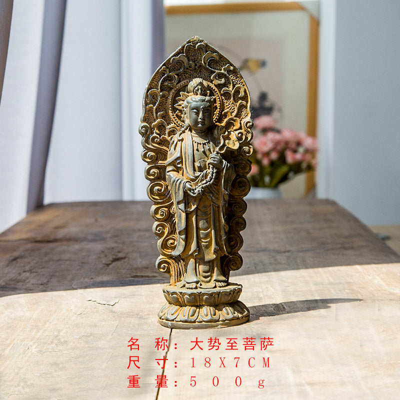 Chinese Rust-Style Cast-Iron Imitation Western Three Holy Beings Statues: Amitabha Buddha, Guanyin Bodhisattva, and Mahasthamaprapta Bodhisattva Standing Figurines Ornaments